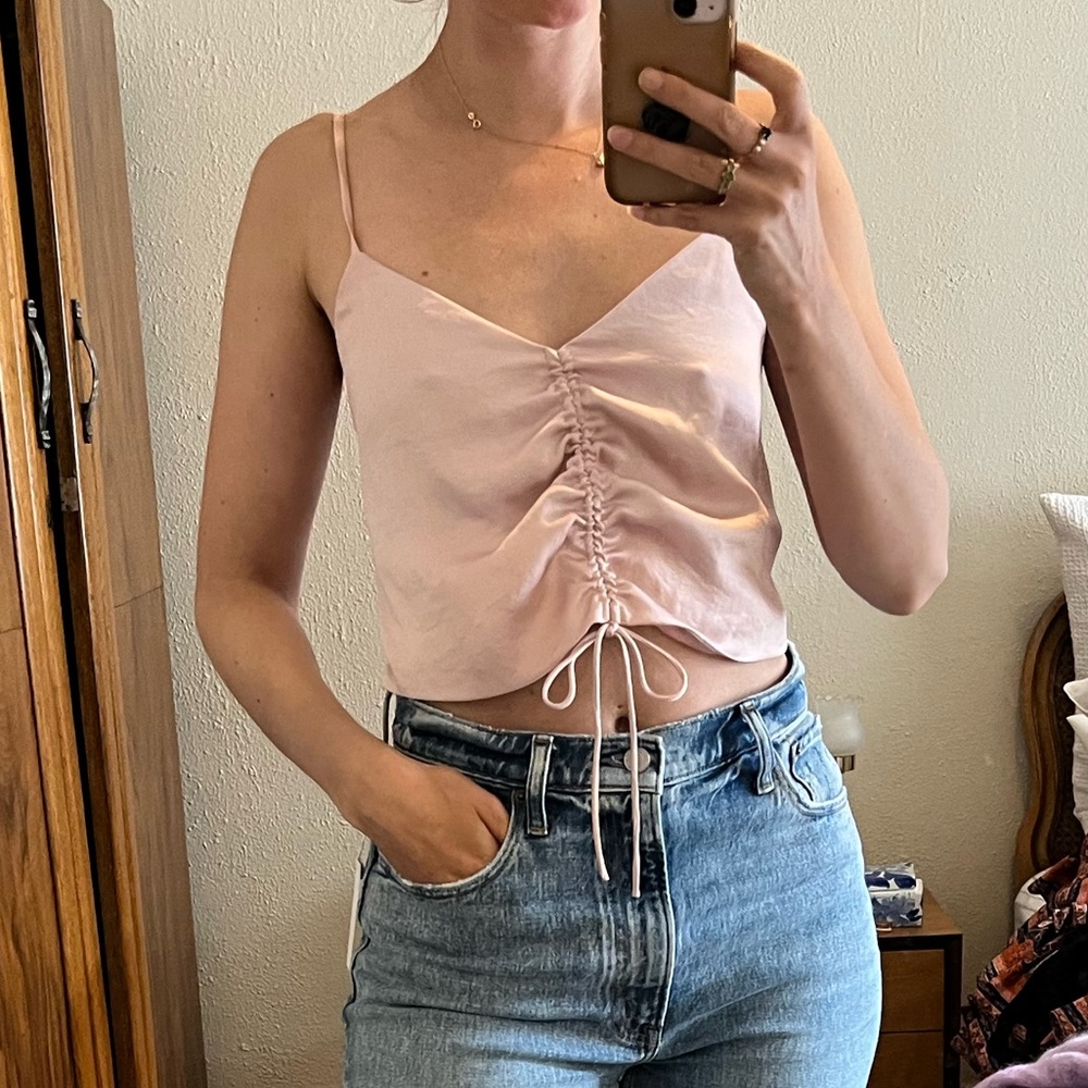 Aritzia Pink Satin Scrunch Tank Top XXS